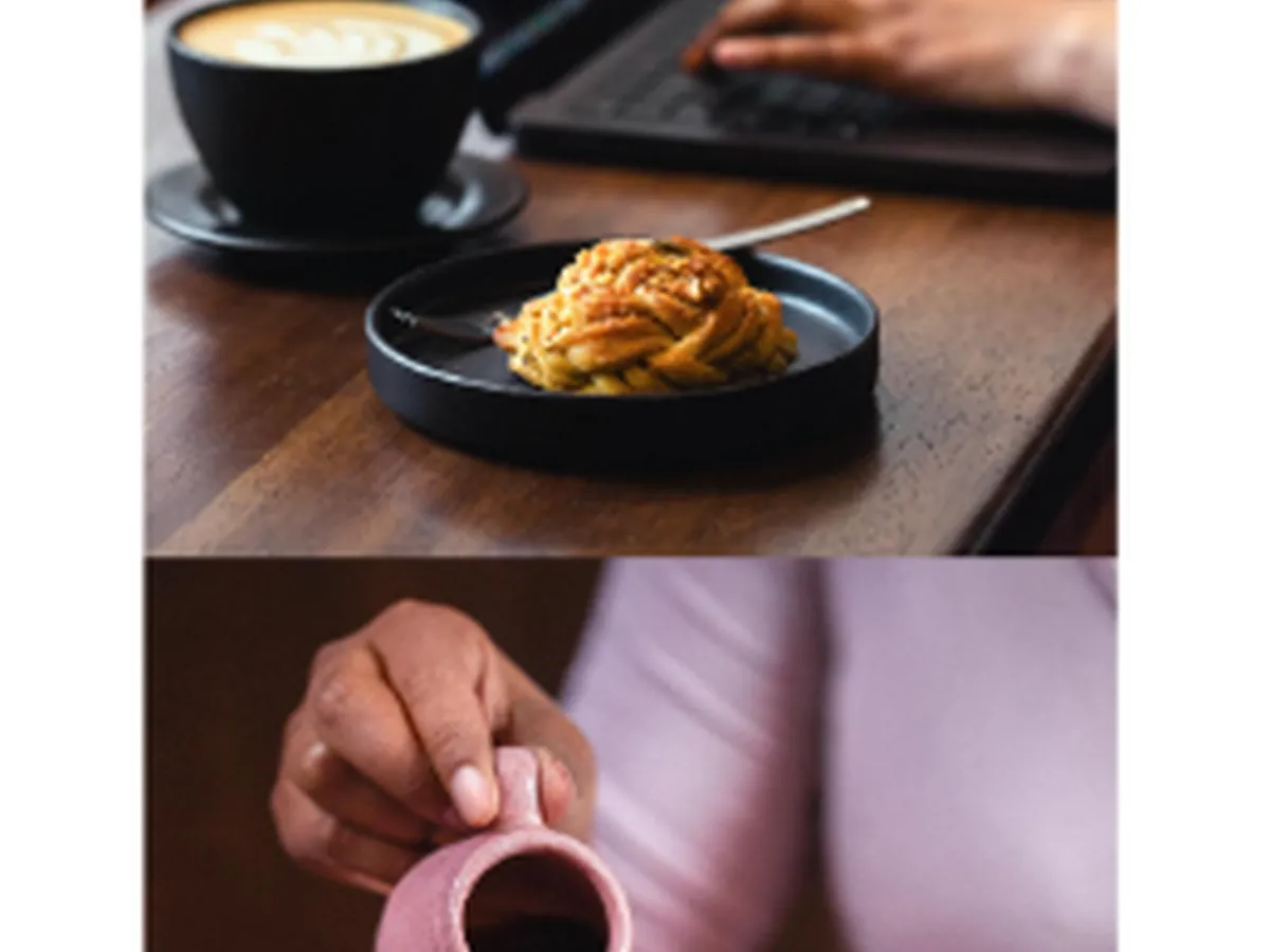 Laptop, coffee and pastry at Ápice Café in Cusco